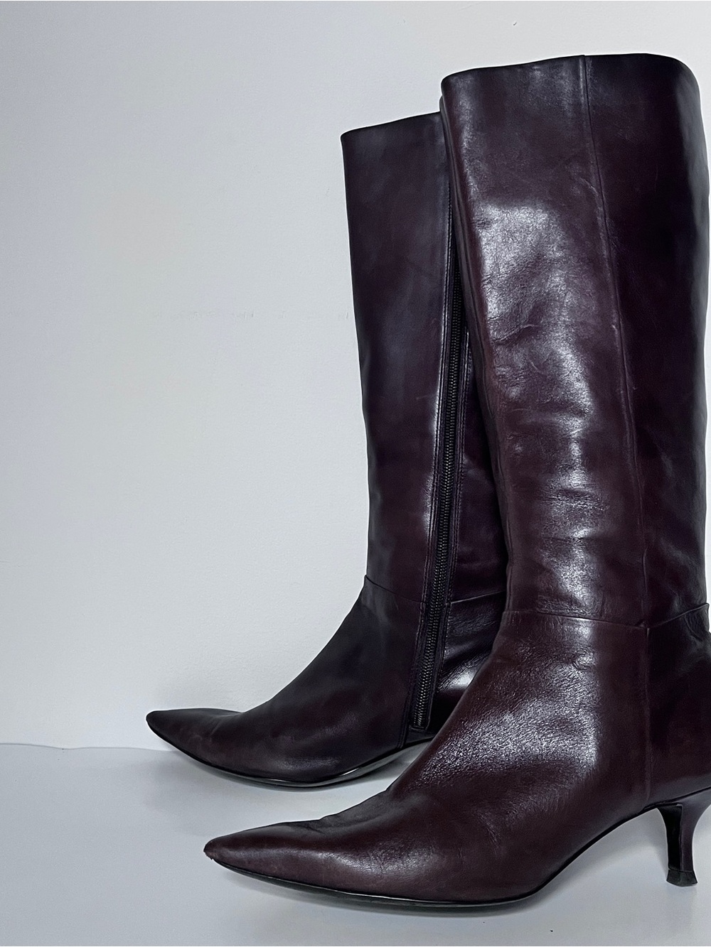 NINE WEST Women's Knee-High Pointed-Toe Brown Leather Kitten Heel Boots Size 8.5